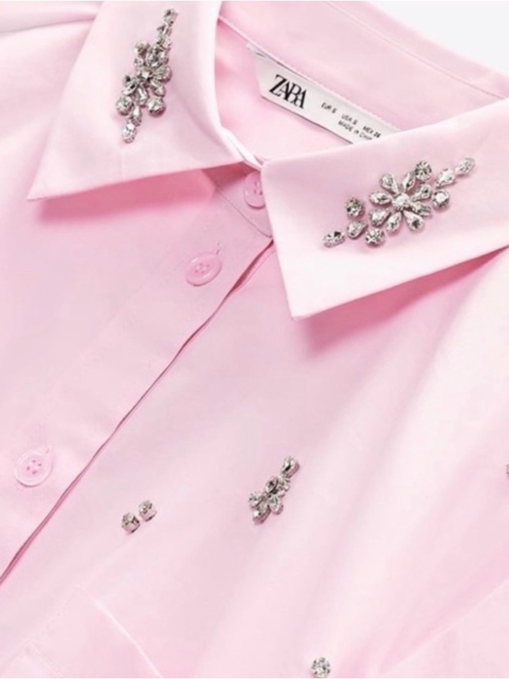 Zara Pink Cotton Button-Up Blouse | Rhinestones | 3/4 Sleeves | S | NWT - Picture 7 of 13